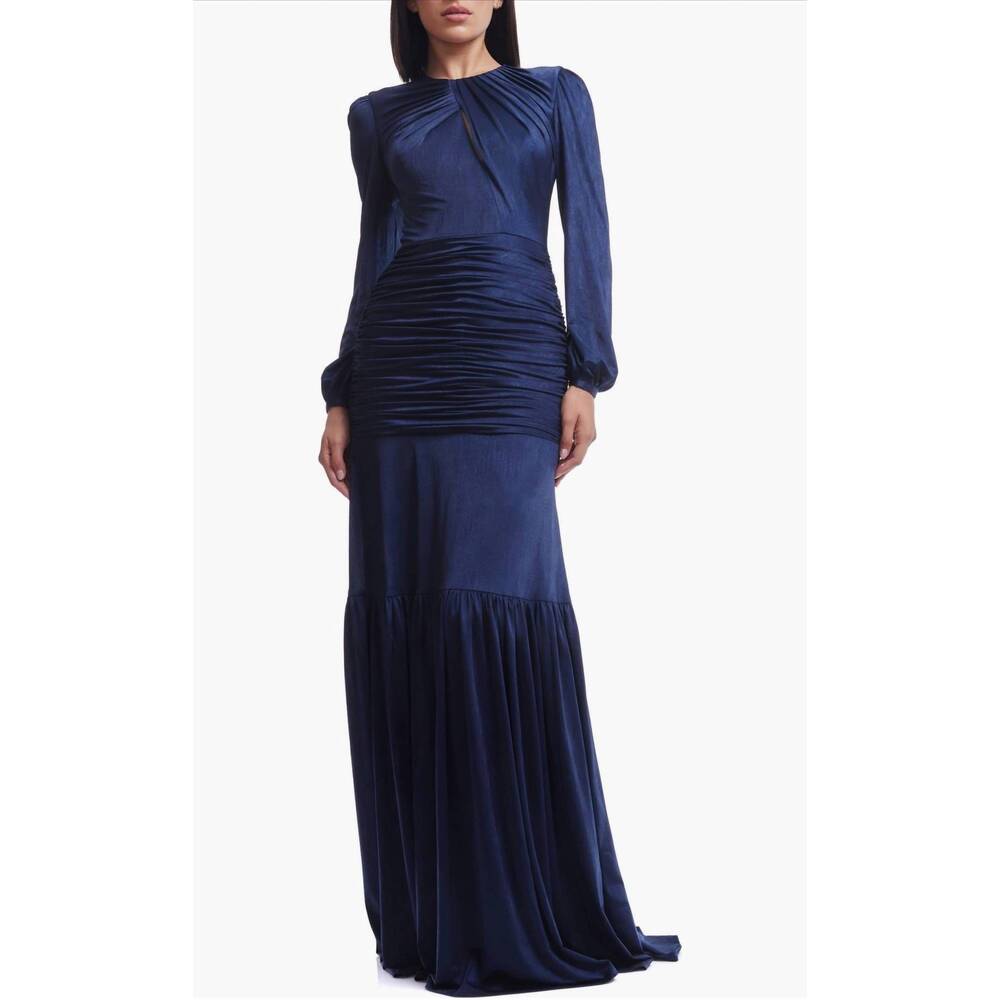 NEW DRESS THE POPULATION lucille pleated ruched long sleeve gown in midnight blu